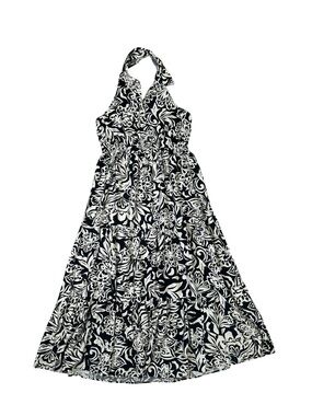 Women’s XL Black & Cream Floral Print Maxi Halter Dress